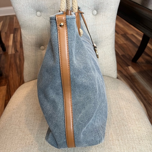 Michael Kors Blue Canvas Woven Ring Handle Isla Tote EUC - Picture 11 of 12
